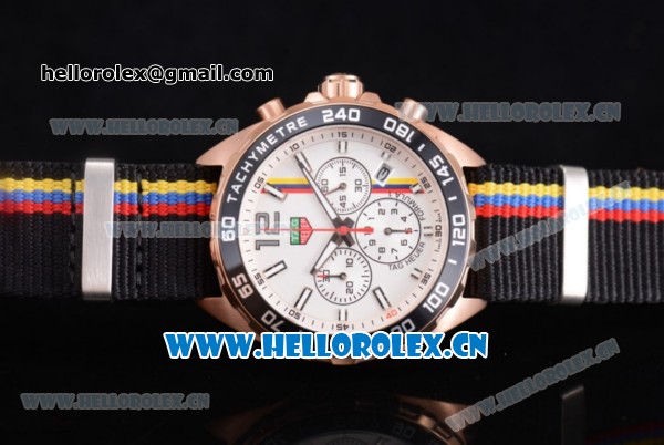 Tag Heuer Formula 1. James Hunt Miyota Quartz Rose Gold Case with White Dial Stick/Arabic Numeral Markers and Black Nylon Strap - Click Image to Close